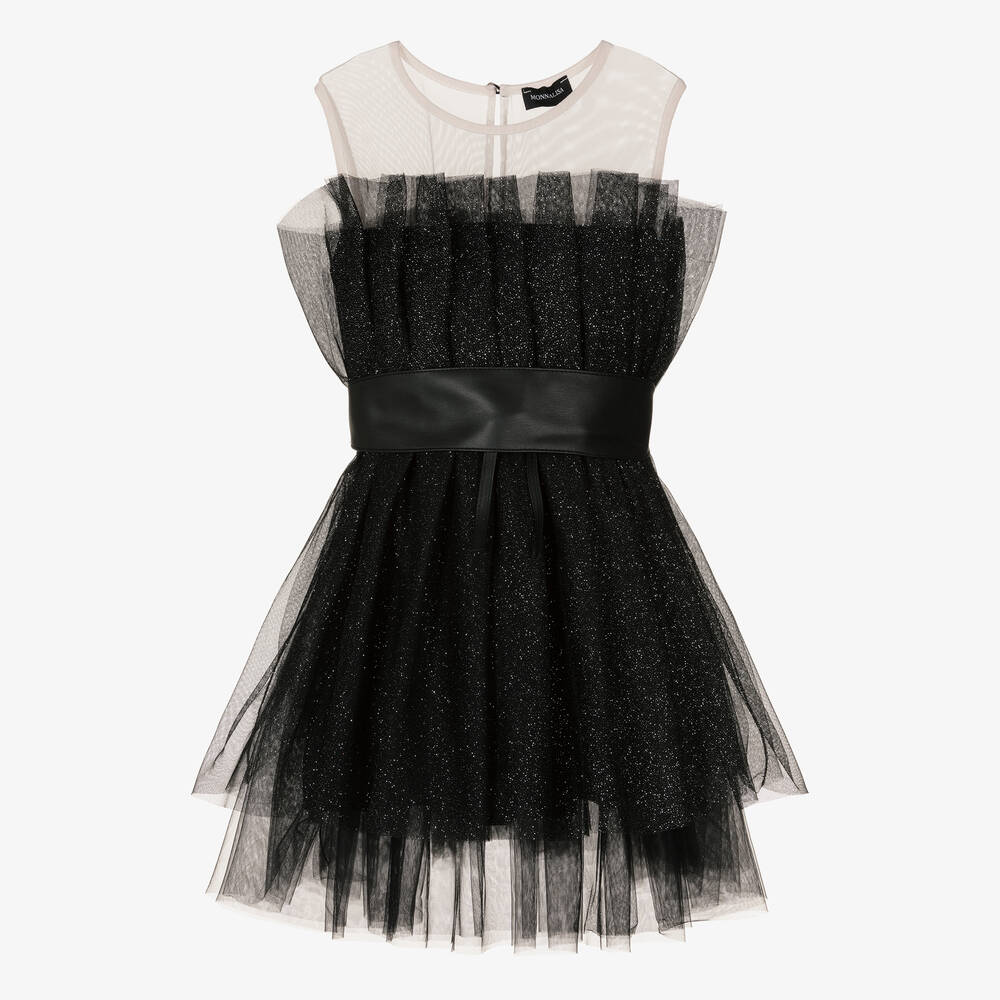 Monnalisa-Teen Girls Black Glitter Tulle Dress | Childrensalon Outlet