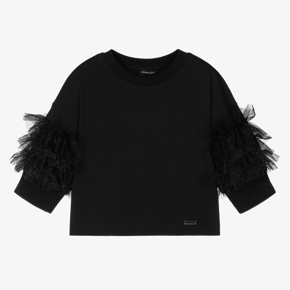 Monnalisa - Teen Girls Black Glitter Tulle Top | Childrensalon