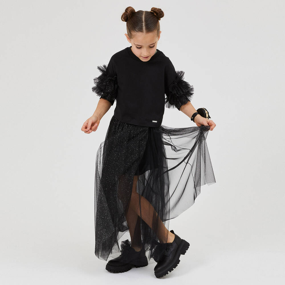 Monnalisa-Teen Girls Black Glitter Tulle Top | Childrensalon Outlet