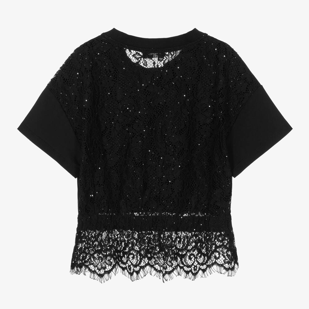 Monnalisa-Черная футболка из джерси с кружевом для девочек-подростков | Childrensalon Outlet