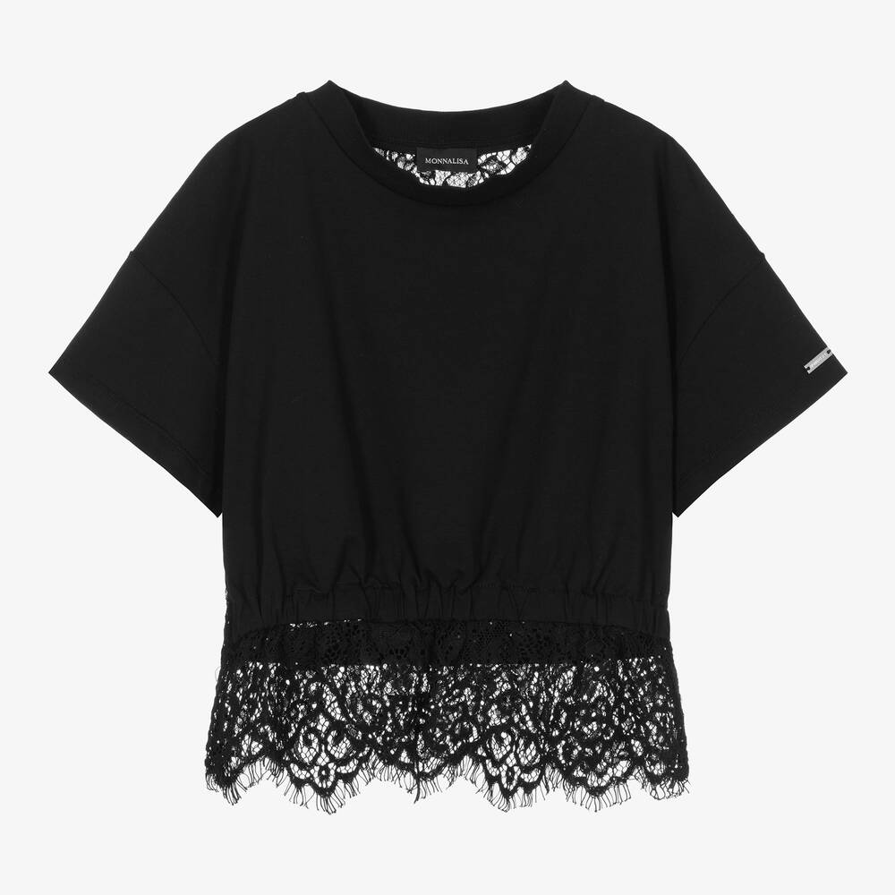 Monnalisa-Teen Girls Black Jersey & Lace T-Shirt | Childrensalon Outlet