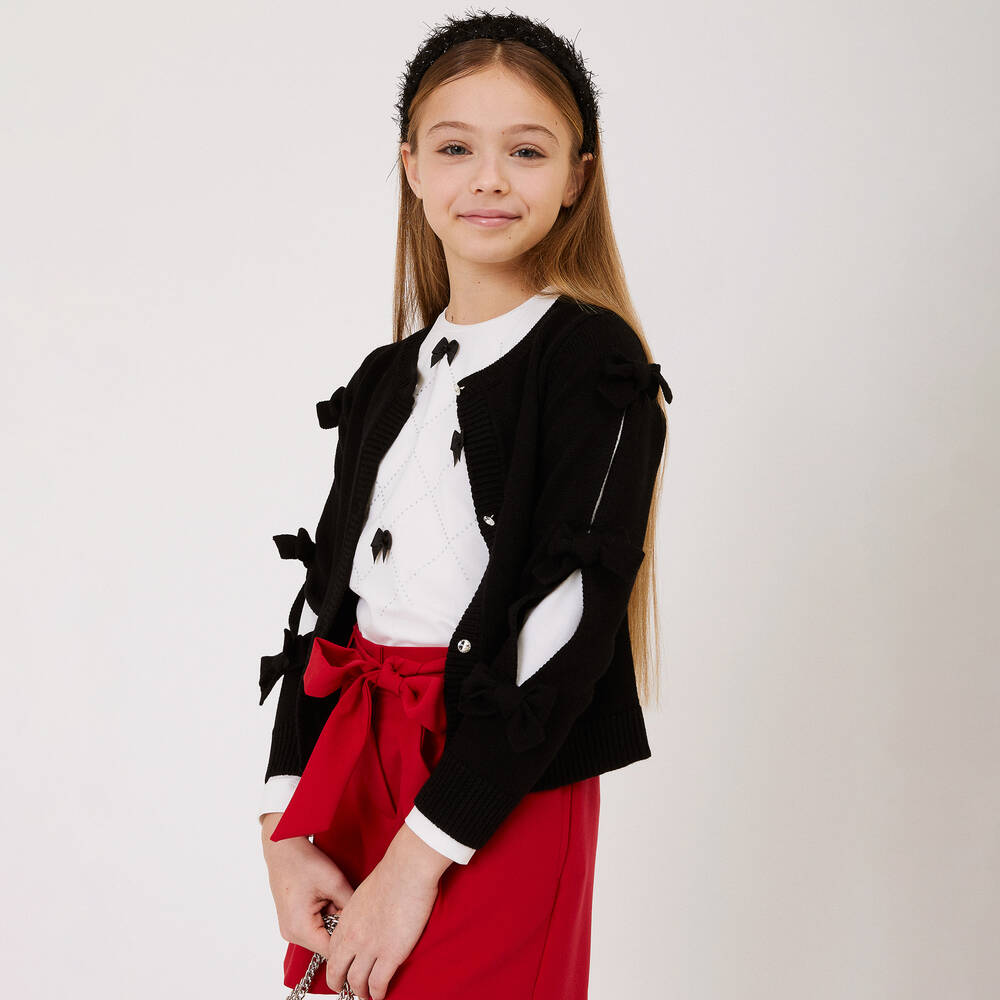 Monnalisa Chic Teen Girls Black Knitted Bow Cardigan