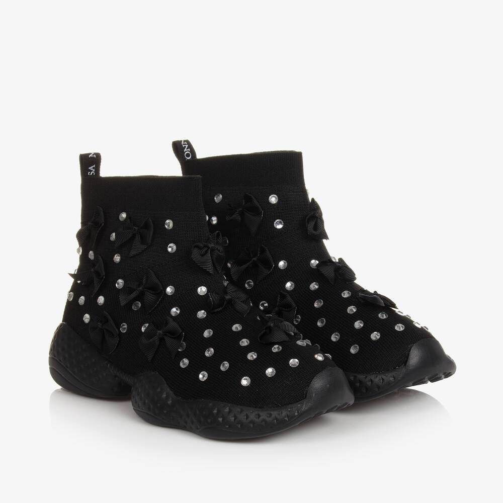 Monnalisa - Teen Girls Black Knitted Rhinestone Trainers | Childrensalon