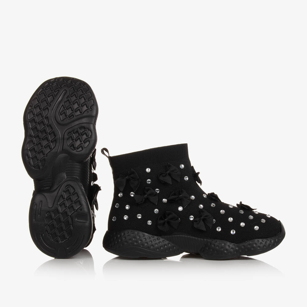 Monnalisa-Teen Girls Black Knitted Rhinestone Trainers | Childrensalon Outlet