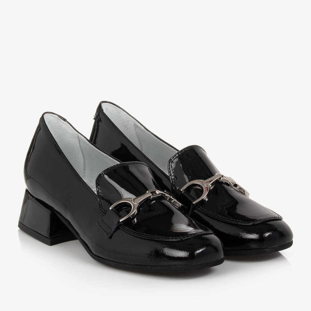 Monnalisa-Teen Girls Black Leather Heeled Loafers | Childrensalon Outlet