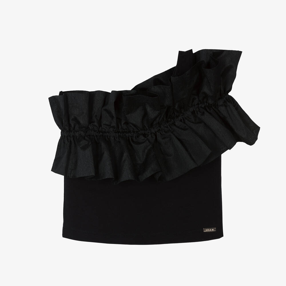 Teen Girls Black One Shoulder Ruffle Top