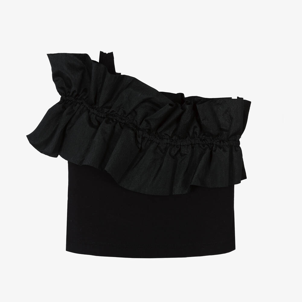 Monnalisa Teen Girls Black One Shoulder Ruffle Top