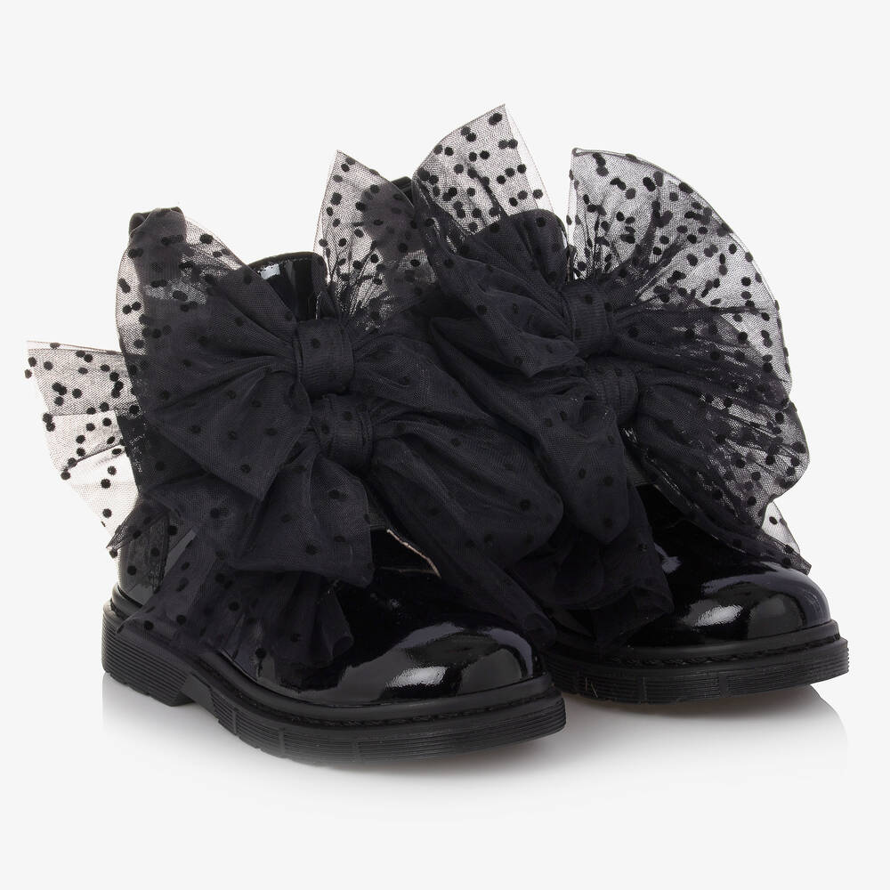 Monnalisa - Boots noires en cuir verni à nœud | Childrensalon