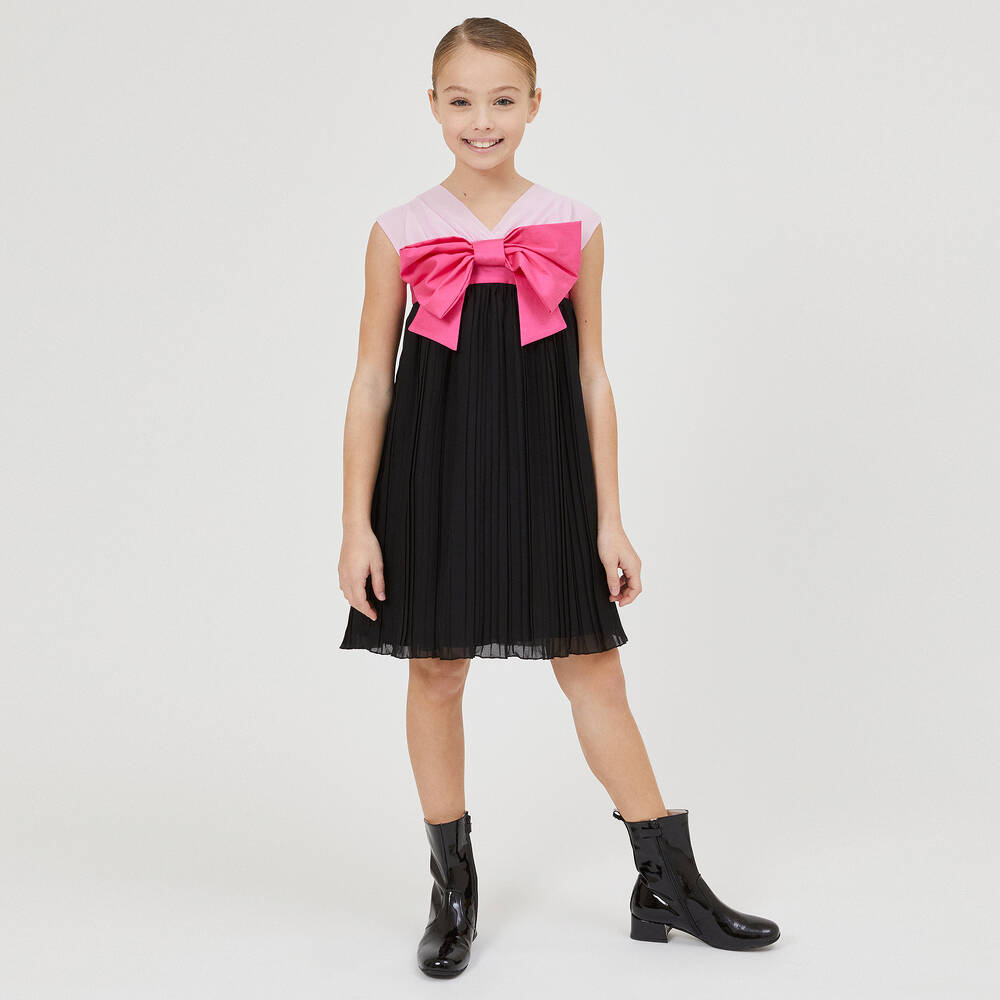 Monnalisa Chic-فستان تينز بناتي شيفون بليسيه لون أسود وزهري | Childrensalon Outlet