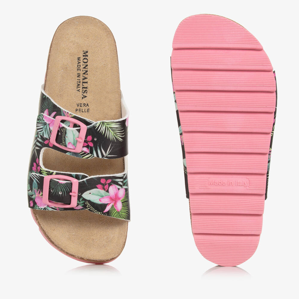Monnalisa-Teen Girls Black & Pink Floral Sandals | Childrensalon Outlet