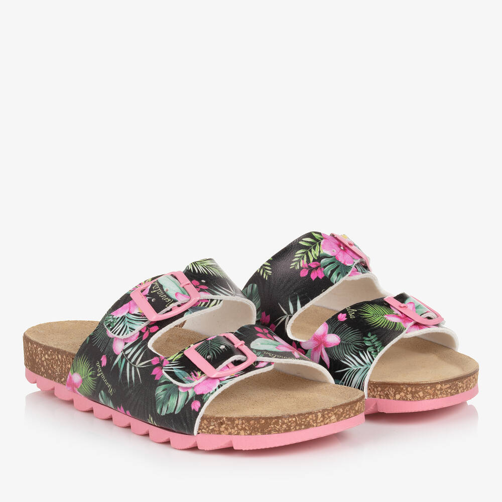 Monnalisa-Teen Girls Black & Pink Floral Sandals | Childrensalon Outlet
