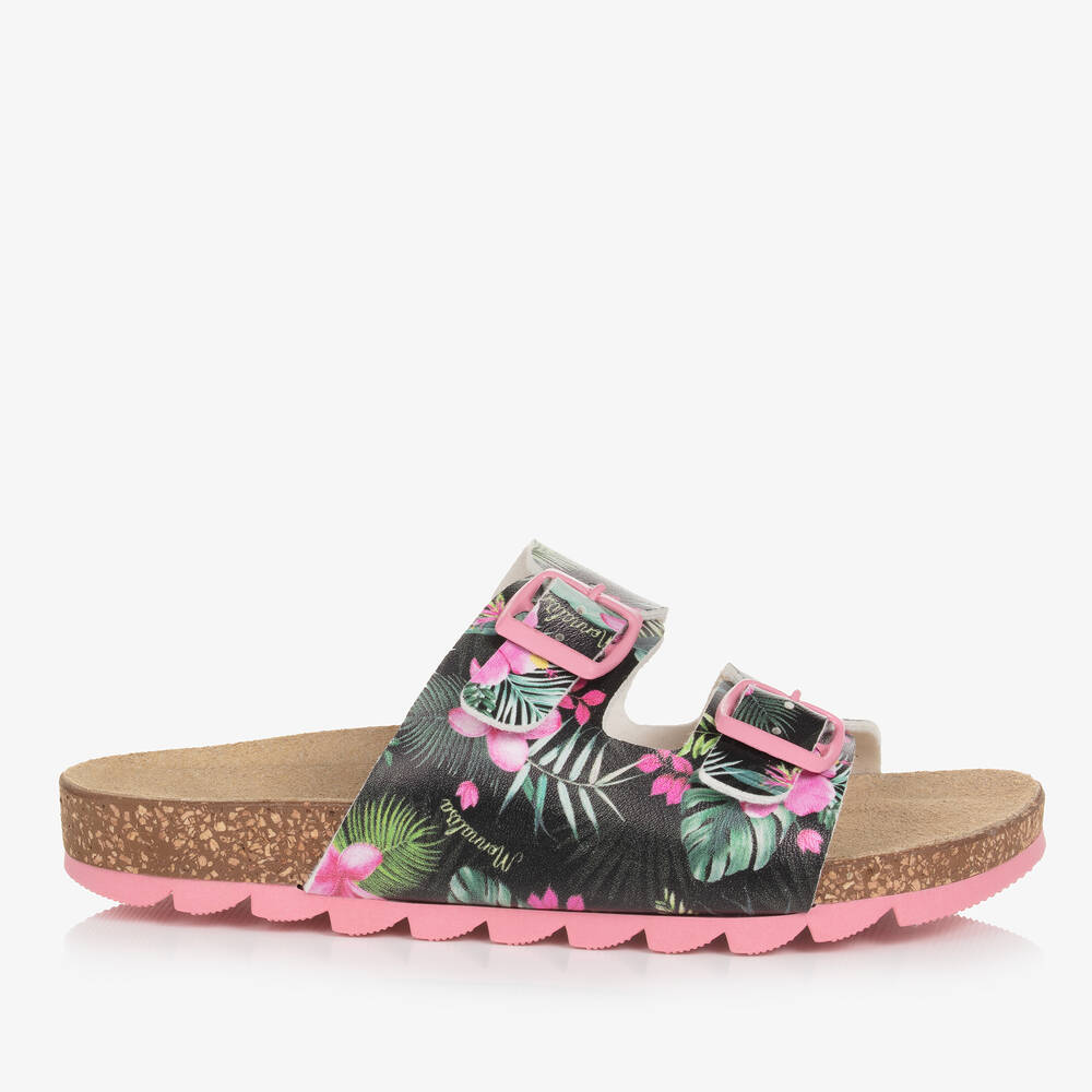 Monnalisa-Teen Girls Black & Pink Floral Sandals | Childrensalon Outlet