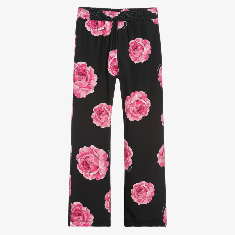 Monnalisa Chic-Teen Girls Black & Pink Rose Trousers | Childrensalon Outlet