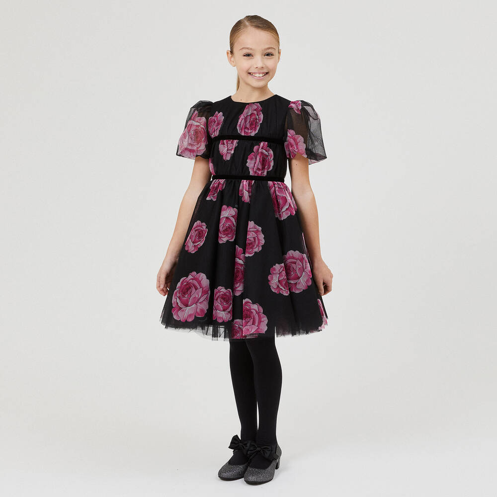 Monnalisa Chic-فستان تينز بناتي تول لون أسود وزهري | Childrensalon Outlet