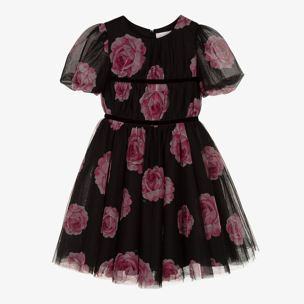 Monnalisa Chic-Teen Girls Black & Pink Rose Tulle Dress | Childrensalon Outlet