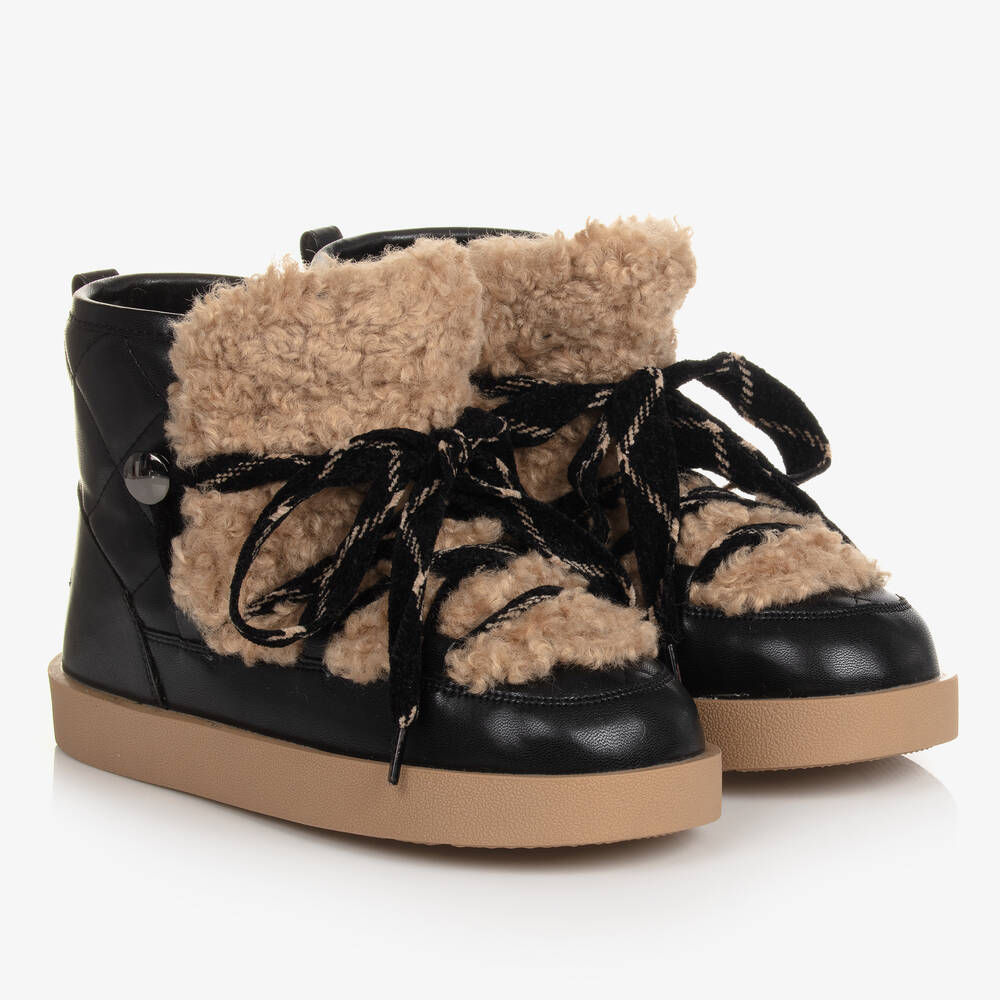 Monnalisa - Черные стеганые ботинки с искусственной овчиной для подростков | Childrensalon