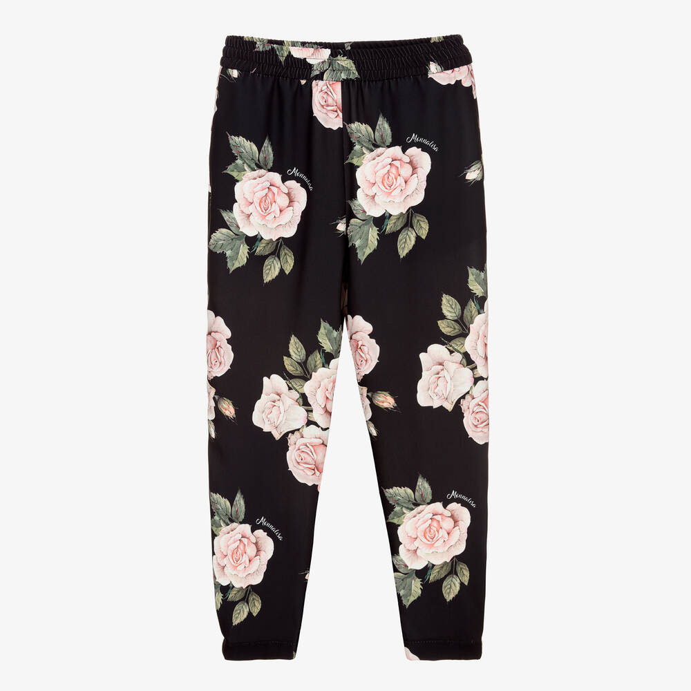 Monnalisa Chic - Schwarze Teen Hose mit Rosen (M) | Childrensalon