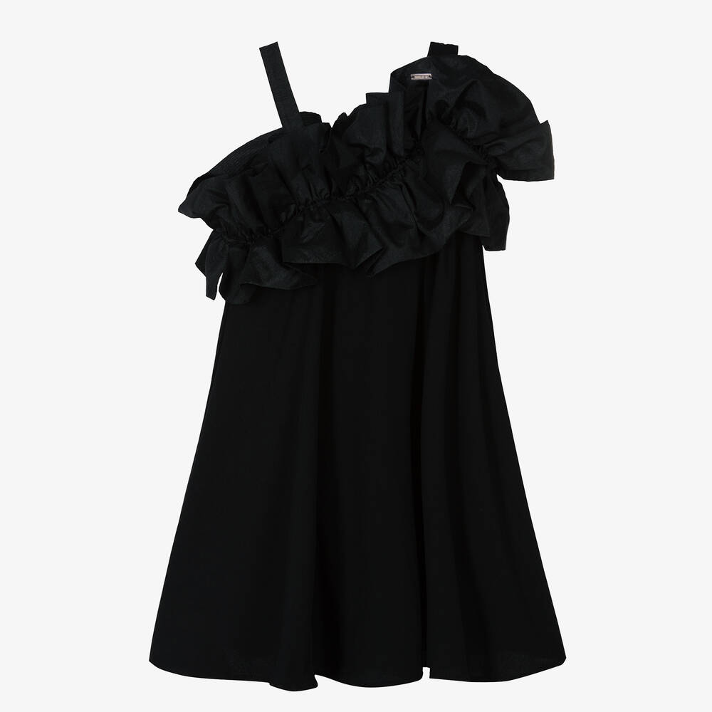 Monnalisa - Teen Girls Black Ruffle One Shoulder Dress | Childrensalon
