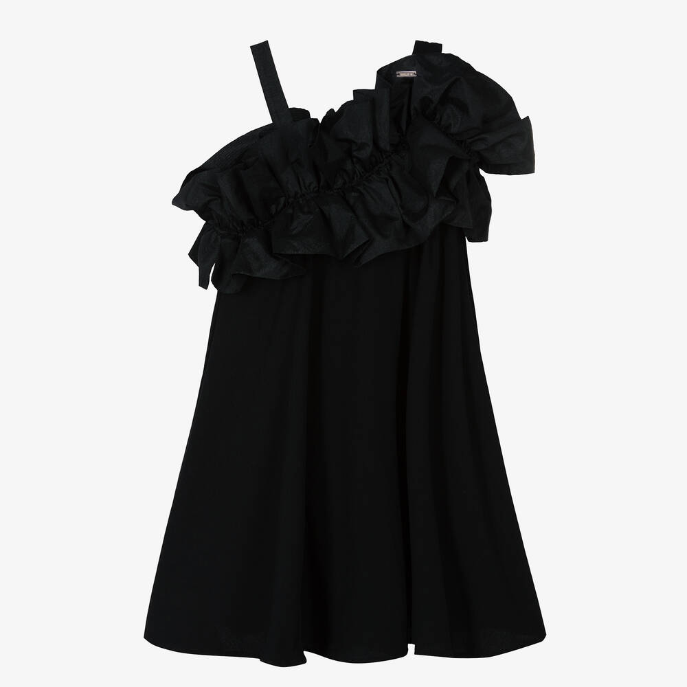 Monnalisa-Teen Girls Black Ruffle One Shoulder Dress | Childrensalon Outlet