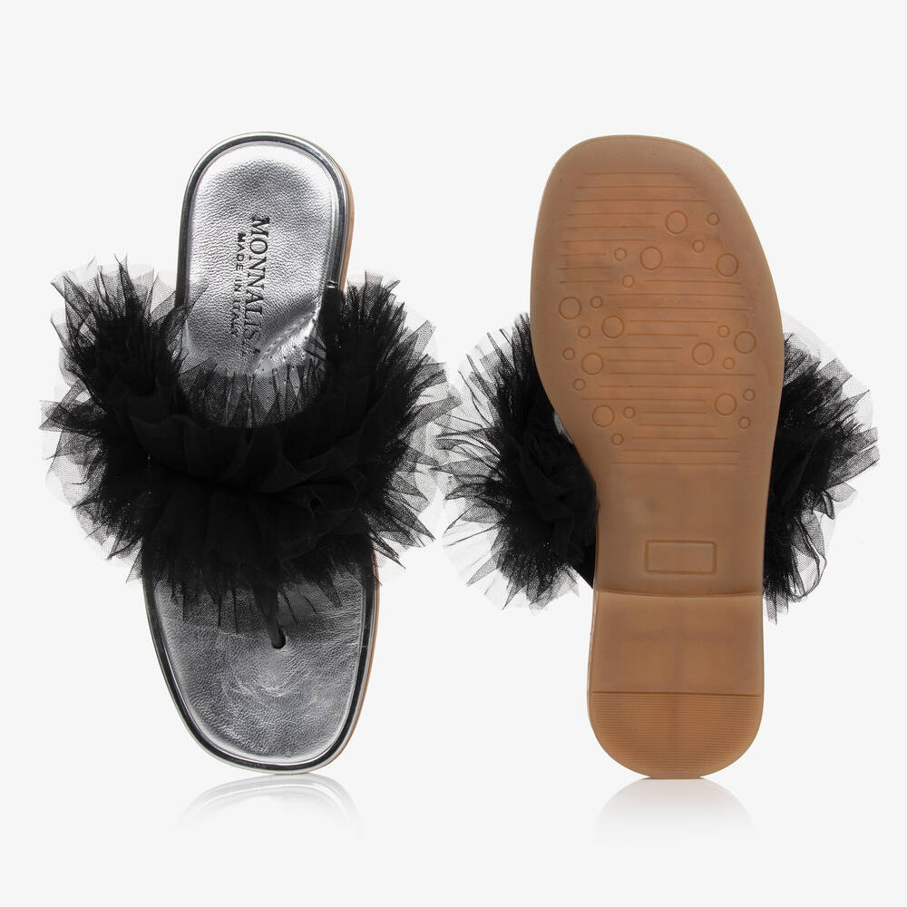 Monnalisa-Teen Girls Black & Silver Ruffle Flip Flops | Childrensalon Outlet