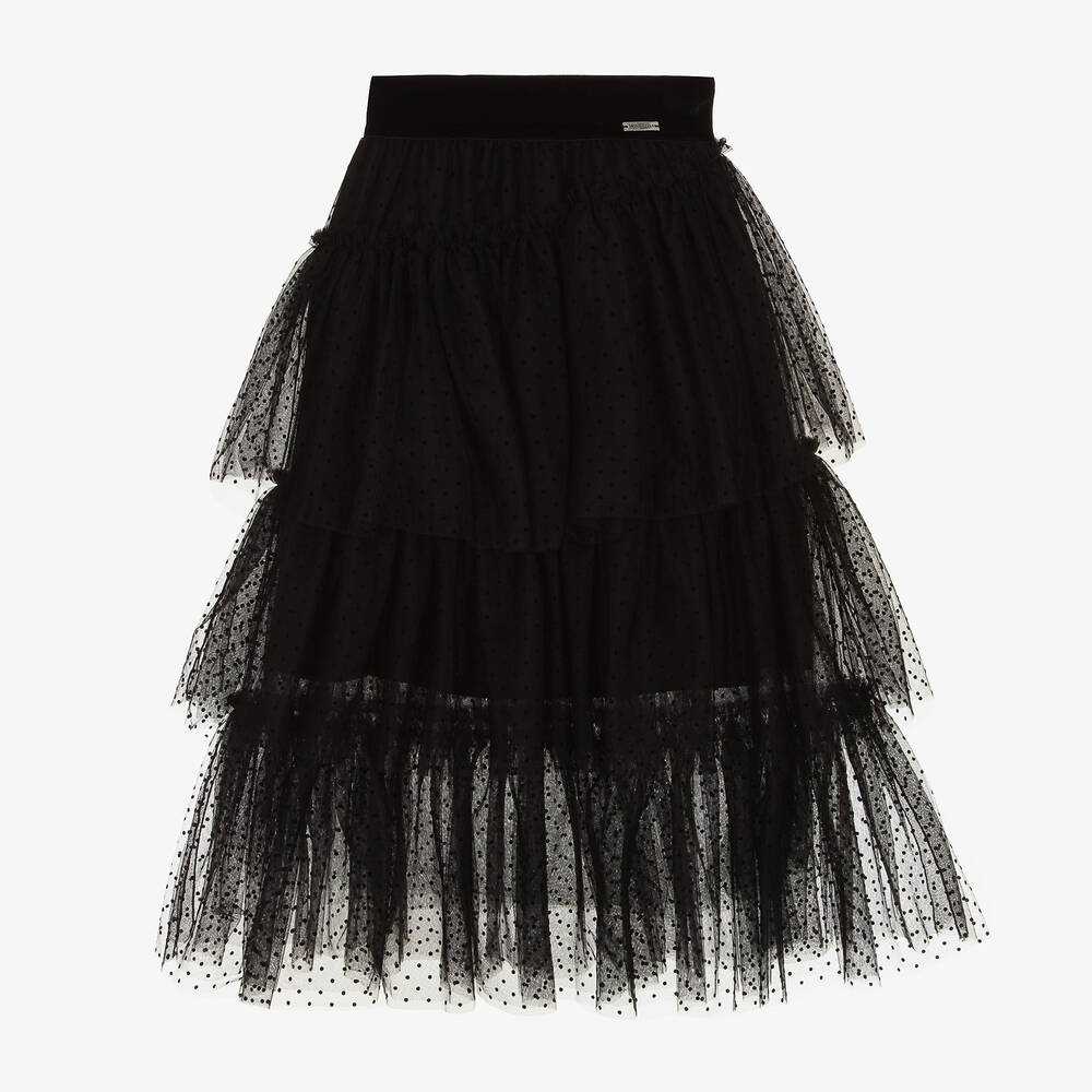 Monnalisa Chic - Teen Girls Black Tulle Flocked Dots Skirt | Childrensalon