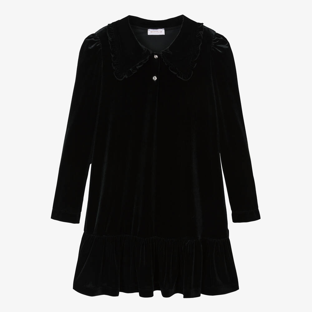 Monnalisa - فستان تينز بناتي بأزرار قطيفة لون أسود | Childrensalon