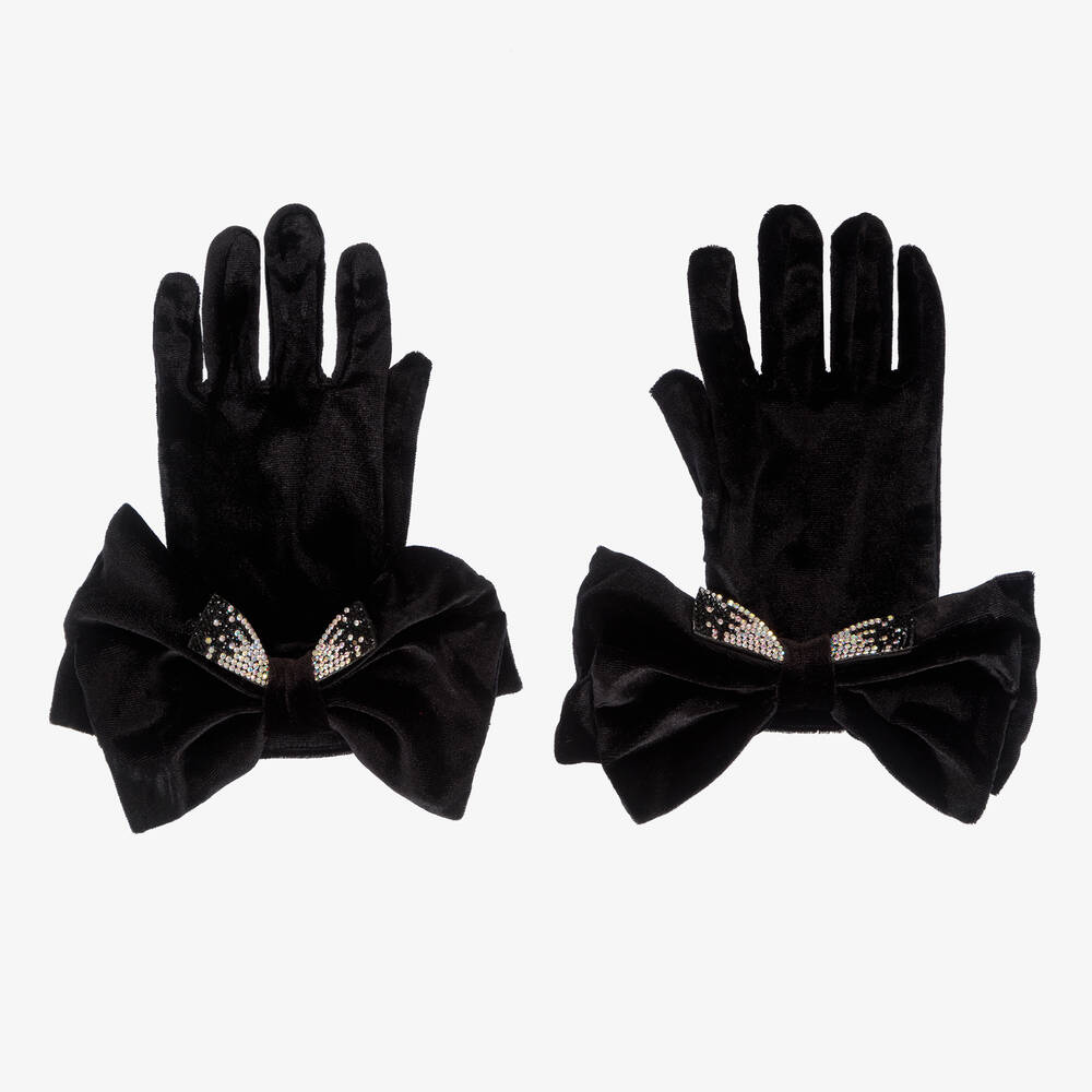 Monnalisa-Teen Girls Black Velvet Gloves | Childrensalon Outlet