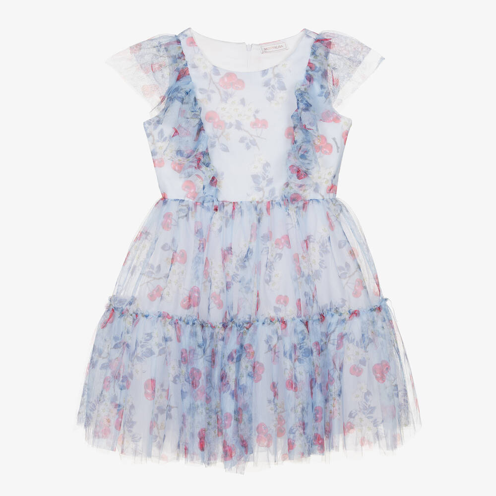 Monnalisa-Голубое платье из тюля с вишнями | Childrensalon Outlet