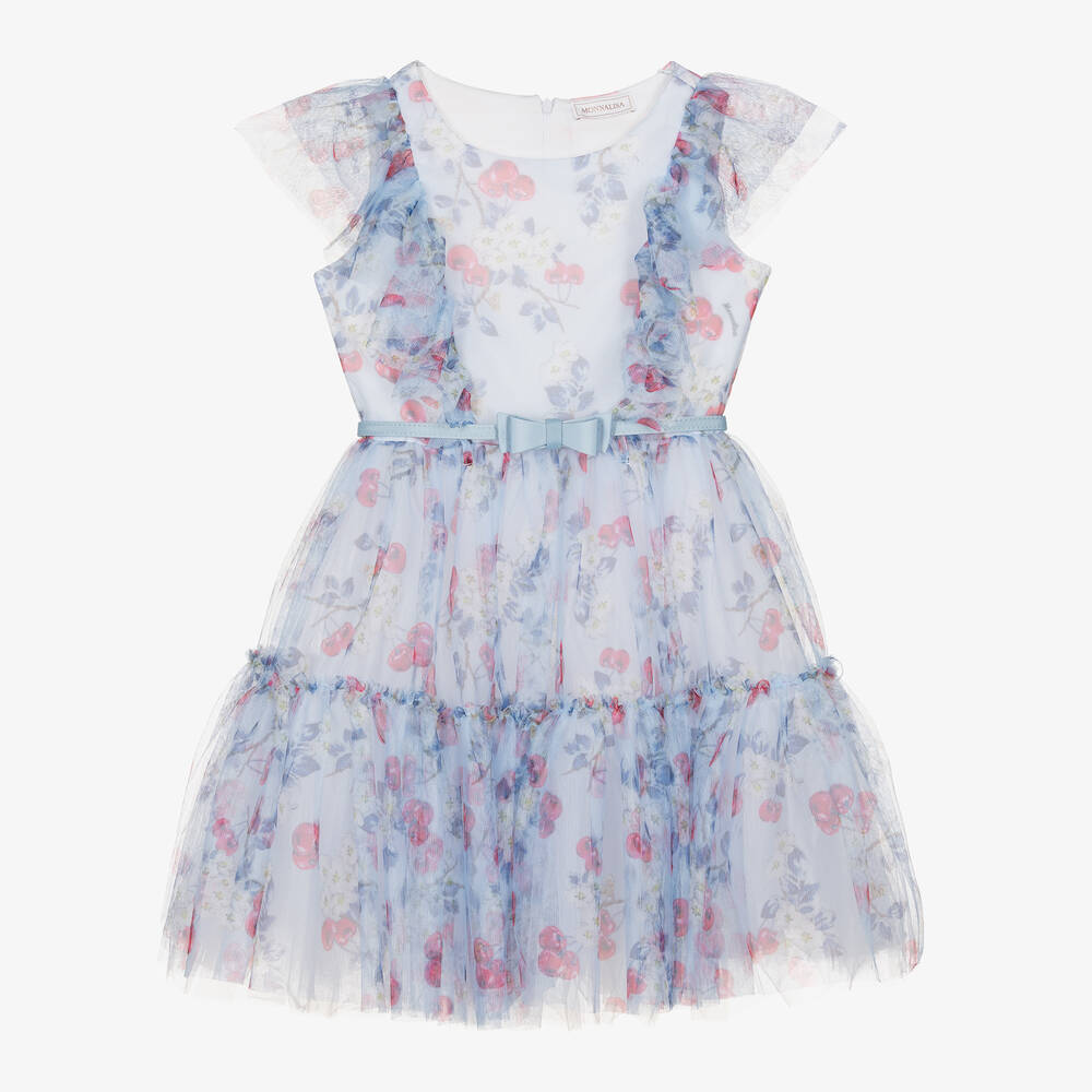 Monnalisa - Teen Girls Blue Cherry Tulle Dress | Childrensalon