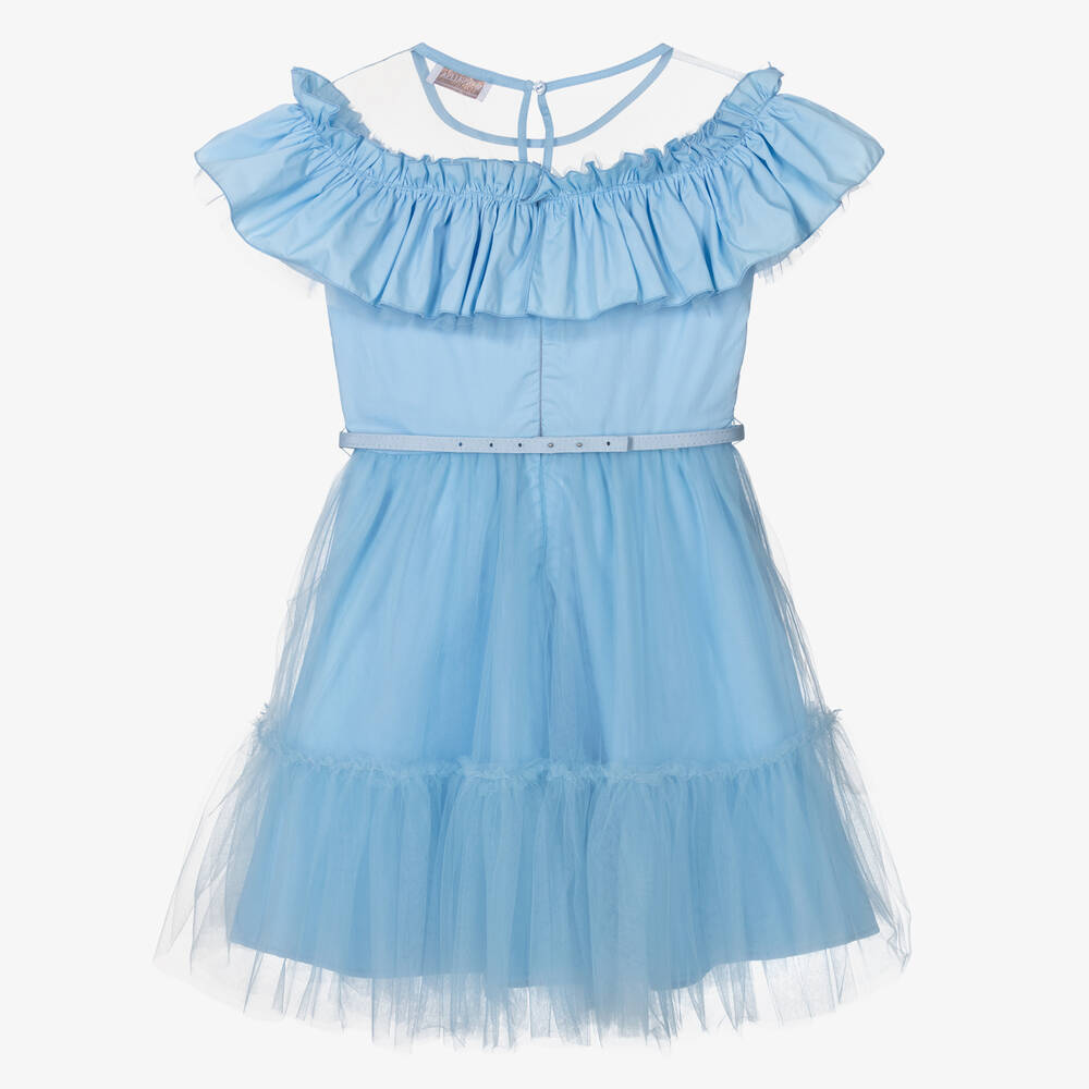 Monnalisa Chic-فستان قطن وتول لون وأزرق مزين بكشكش للمراهقات | Childrensalon Outlet