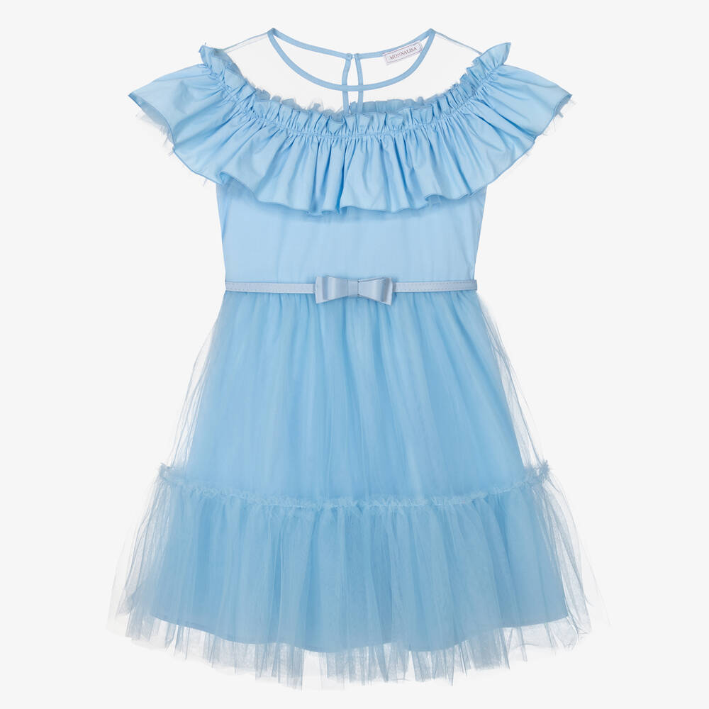 Monnalisa Chic-Teen Girls Blue Cotton & Tulle Ruffle Dress | Childrensalon Outlet