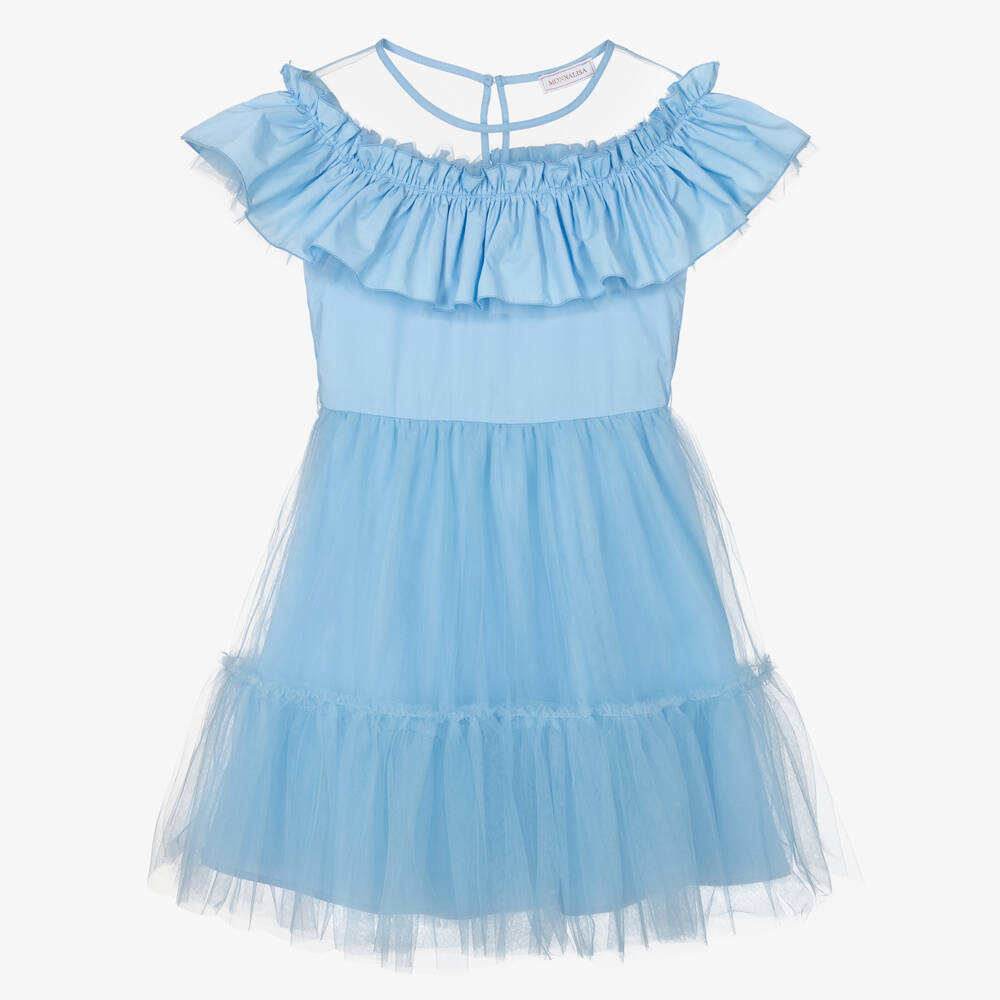 Monnalisa Chic-فستان قطن وتول لون وأزرق مزين بكشكش للمراهقات | Childrensalon Outlet