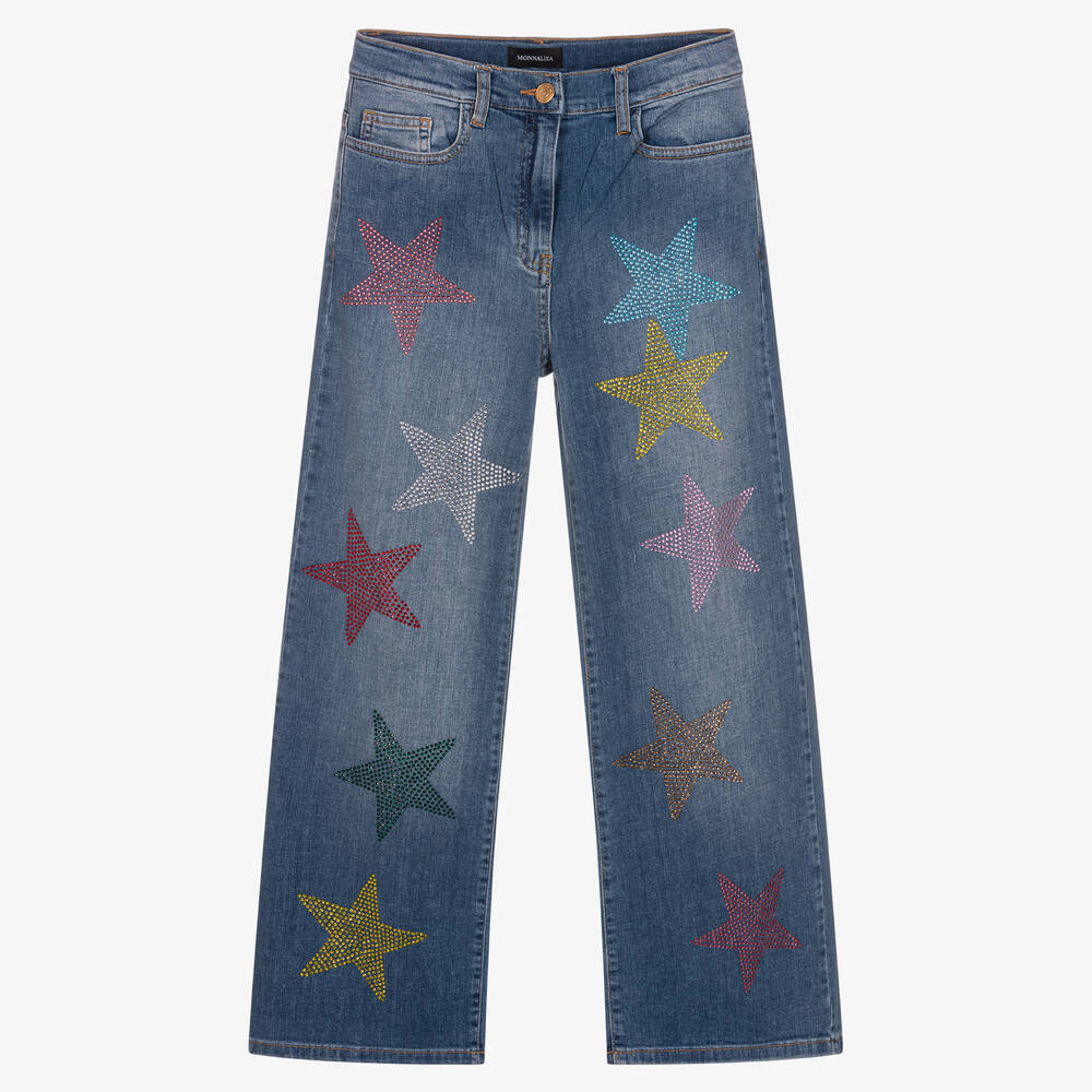 Monnalisa - Teen Girls Blue Denim Diamanté Star Jeans | Childrensalon