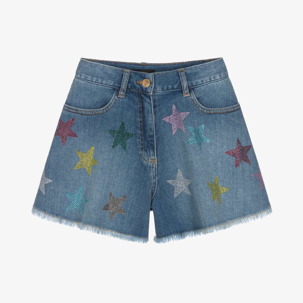 Monnalisa - Teen Girls Blue Denim Diamanté Star Shorts | Childrensalon