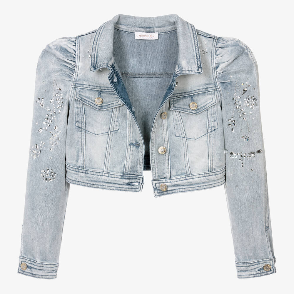 Monnalisa-Teen Girls Blue Denim Rhinestone Jacket | Childrensalon Outlet