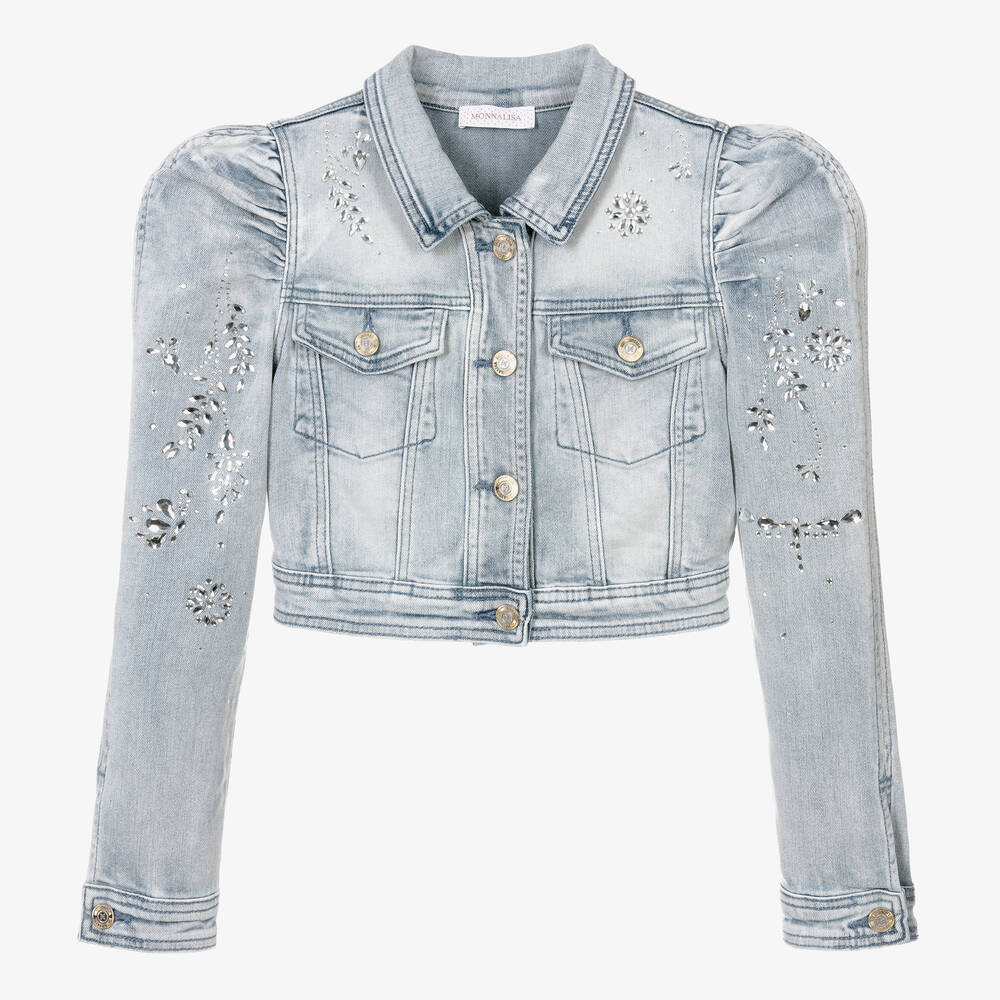 Monnalisa-Teen Girls Blue Denim Rhinestone Jacket | Childrensalon Outlet
