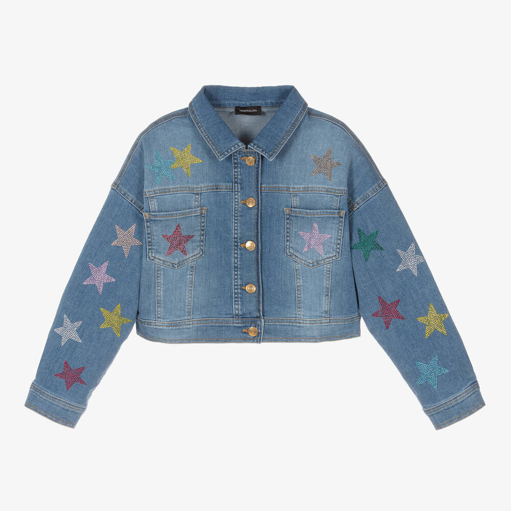 Monnalisa - Teen Girls Blue Diamanté Star Denim Jacket | Childrensalon