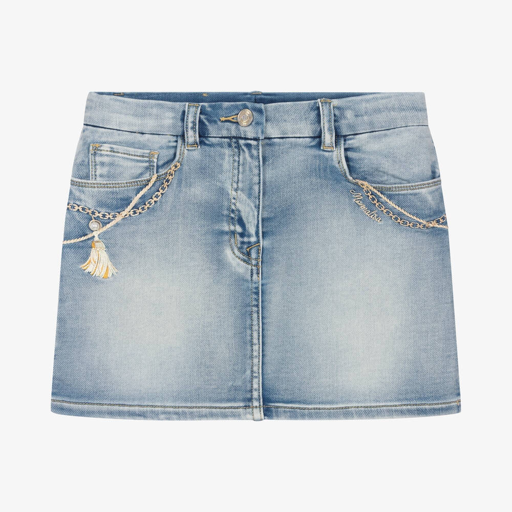 Monnalisa - Teen Girls Blue Embroidered Denim Skirt | Childrensalon