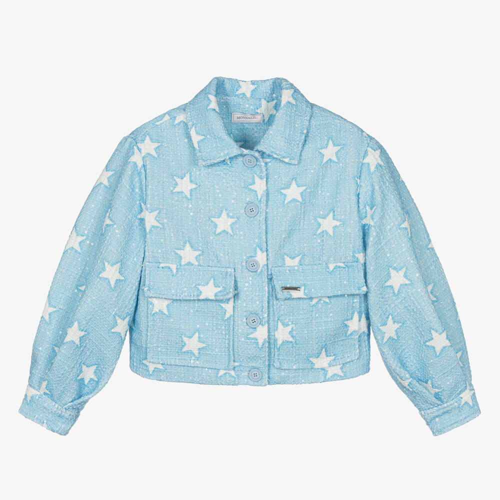 Monnalisa-Teen Girls Blue Tweed Sequin Stars Jacket | Childrensalon Outlet