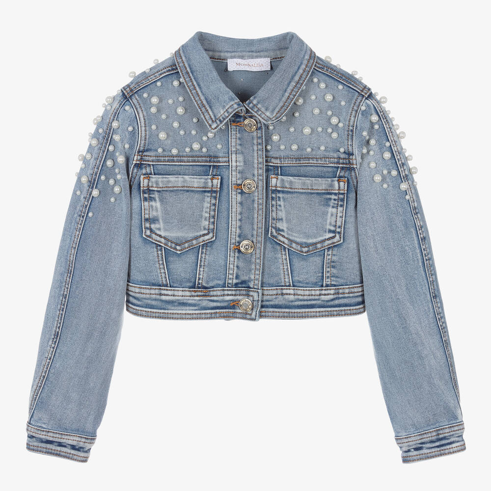 Monnalisa - Kurze Teen Perlen-Jeansjacke blau | Childrensalon