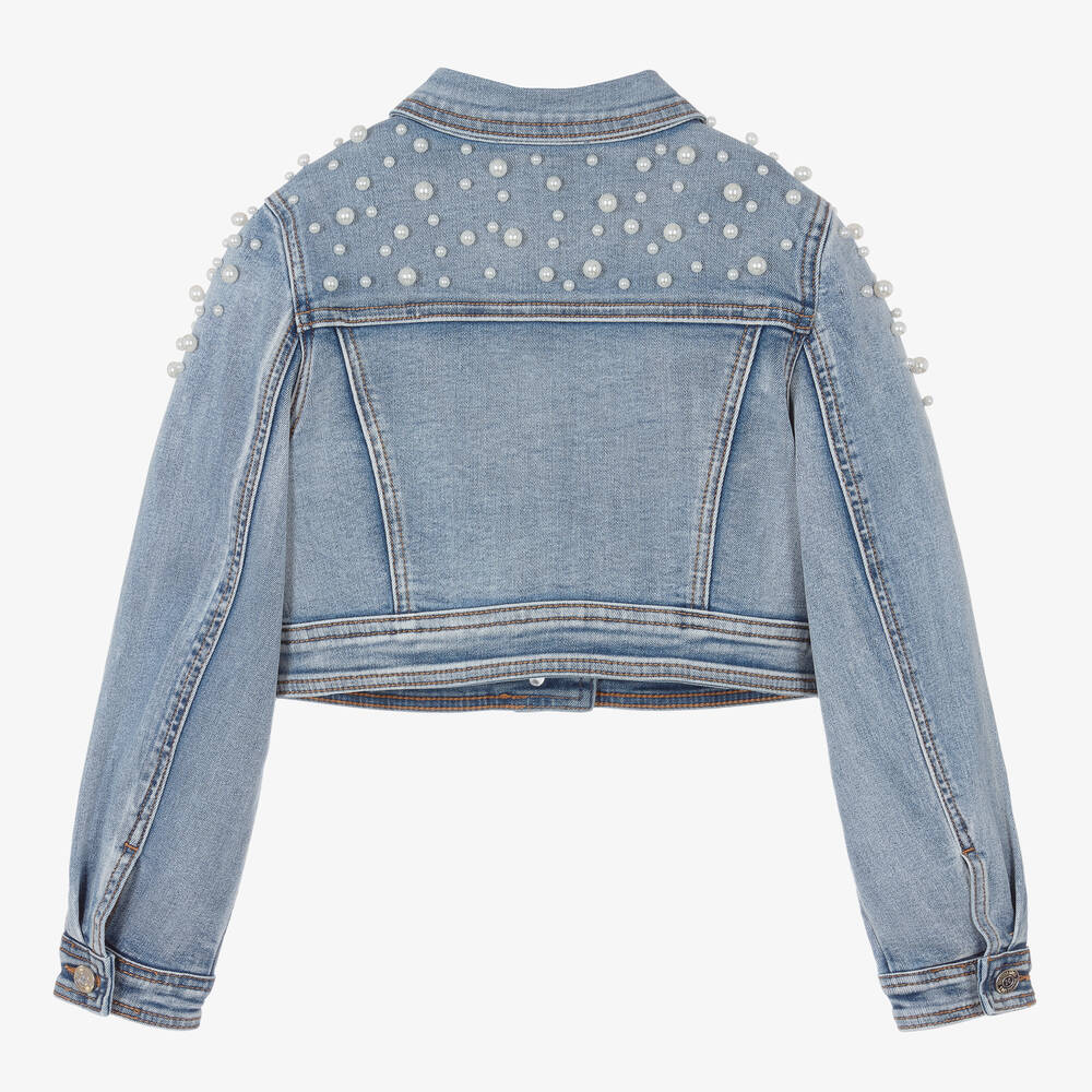 Monnalisa-Teen Girls Cropped Blue Denim & Pearl Jacket | Childrensalon Outlet