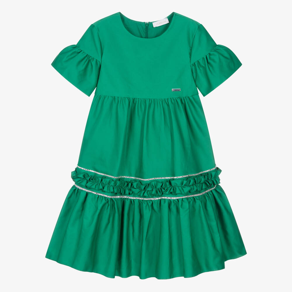 Monnalisa Chic - Teen Girls Emerald Green Diamanté Taffeta Dress | Childrensalon