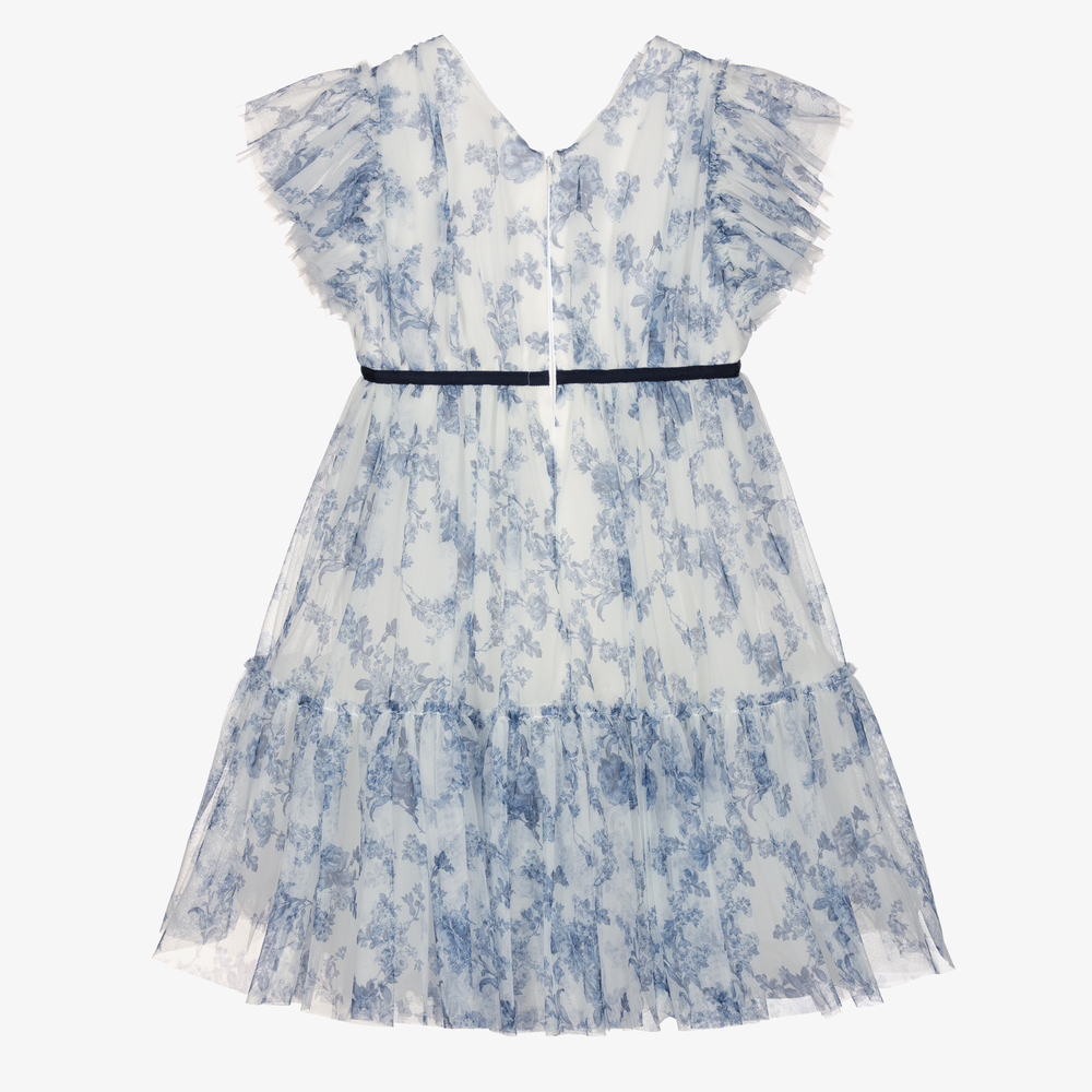 Monnalisa-فستان تينز تول لون أزرق وأبيض بطبعة ورود | Childrensalon Outlet