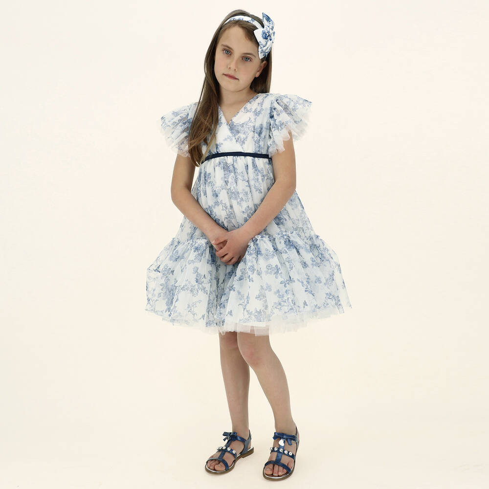 Monnalisa-فستان تينز تول لون أزرق وأبيض بطبعة ورود | Childrensalon Outlet