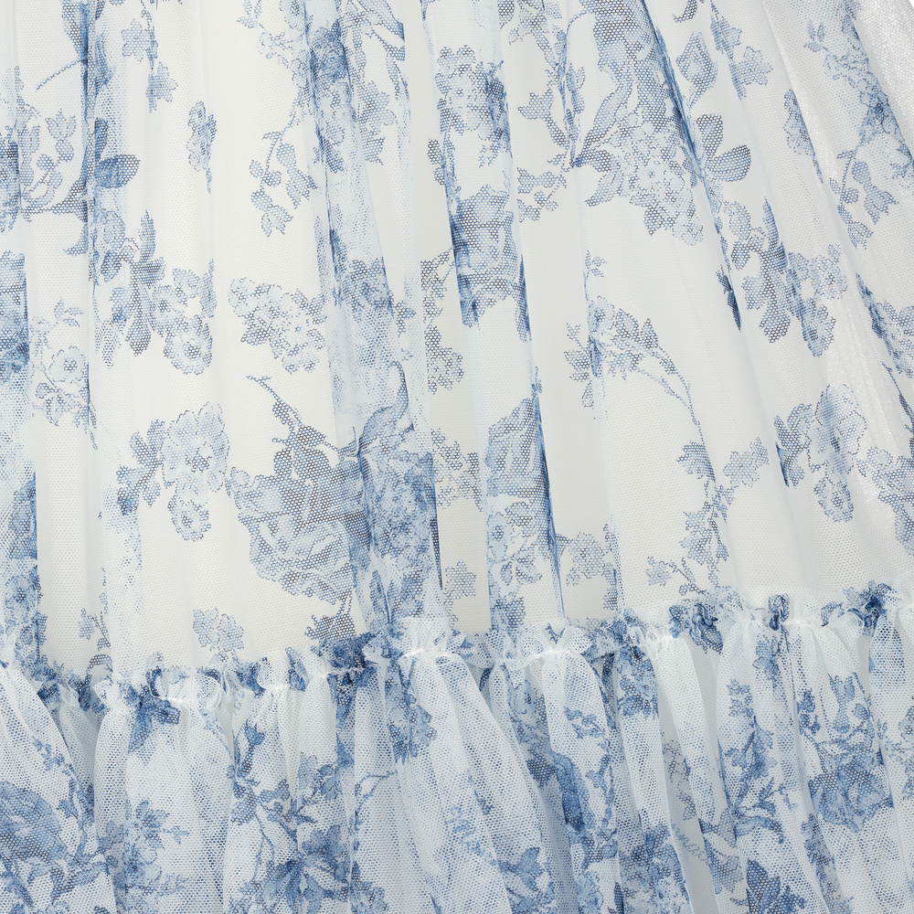 Monnalisa-فستان تينز تول لون أزرق وأبيض بطبعة ورود | Childrensalon Outlet