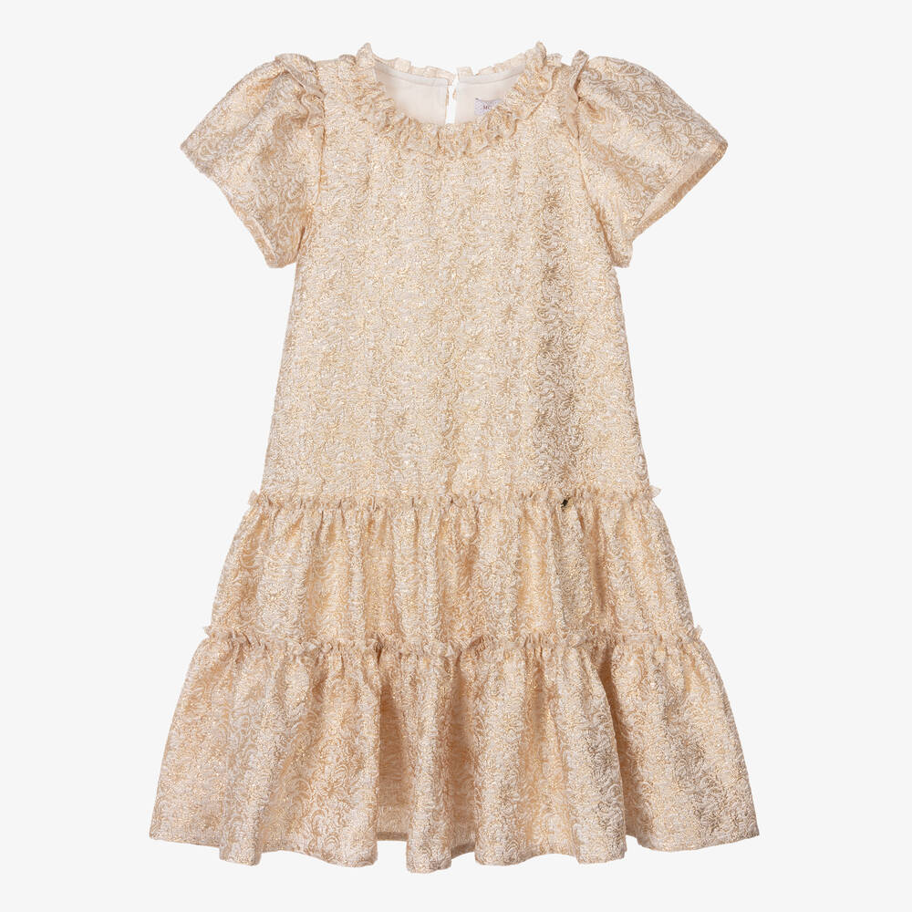 Teen Girls Gold Floral Brocade Dress