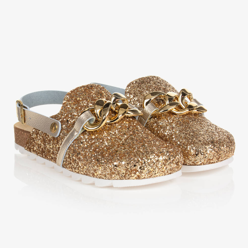 Monnalisa - Goldene Teen Glitzermules mit Kette | Childrensalon