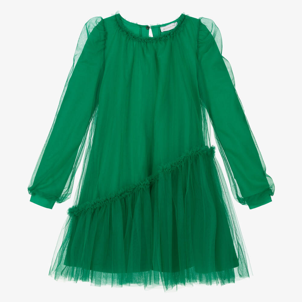 Monnalisa - فستان جيرسي وتول لون أخضر تينز بناتي | Childrensalon
