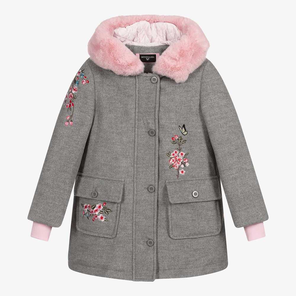 Monnalisa - Серое пальто с цветами для подростков | Childrensalon