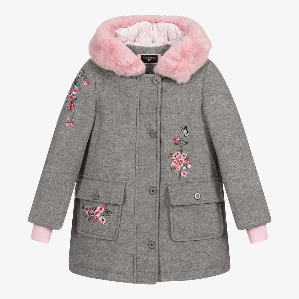 Monnalisa-Teen Girls Grey Floral Coat | Childrensalon Outlet